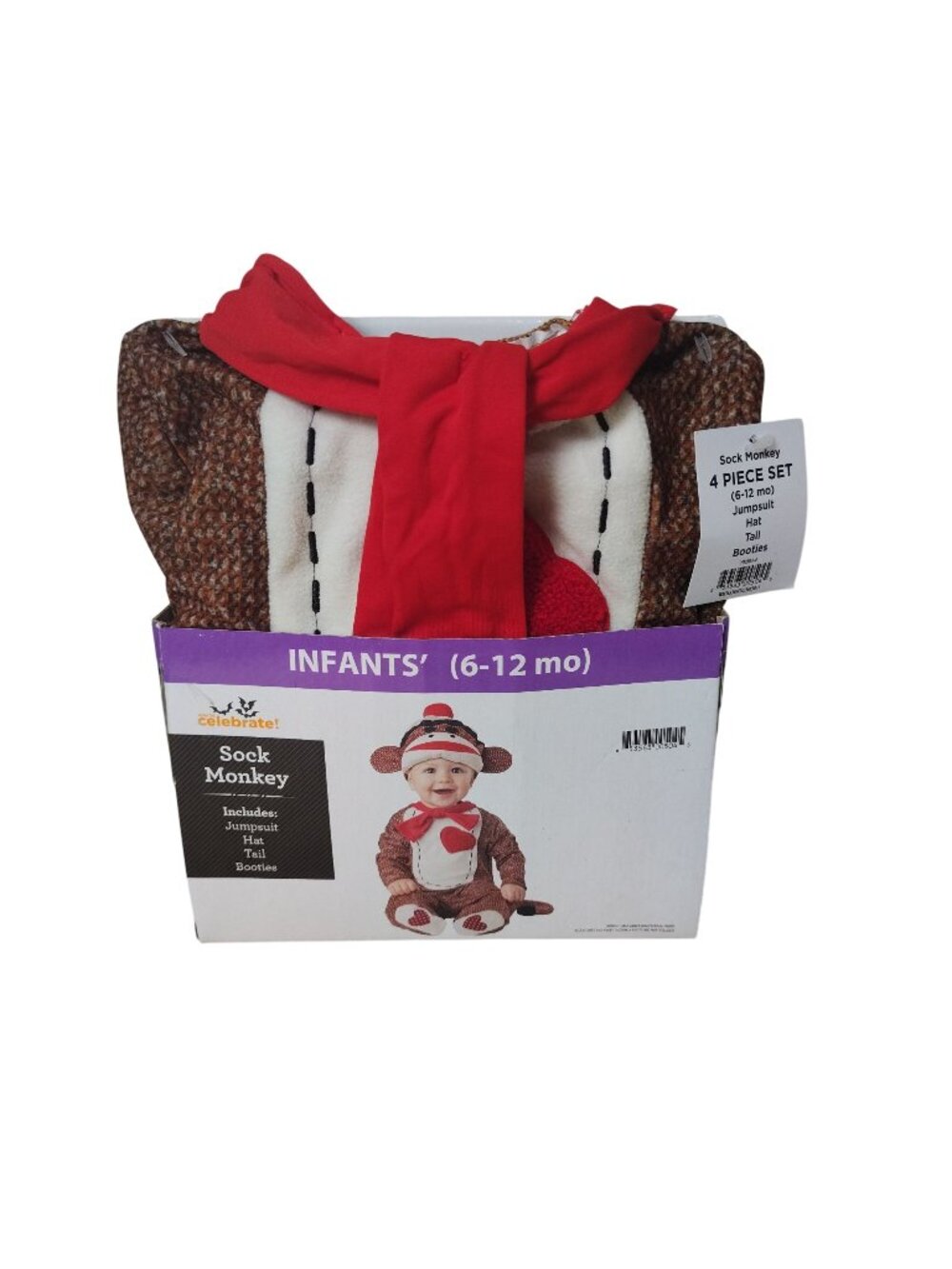 Sock Monkey Infant Costume Size 6 12 Months Jumpsuit Hat Tail Set Celebrate